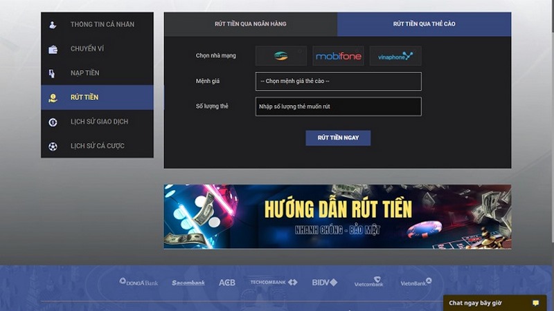 Giao diện nạp tiền Sky88 từ thẻ cào điện thoại 