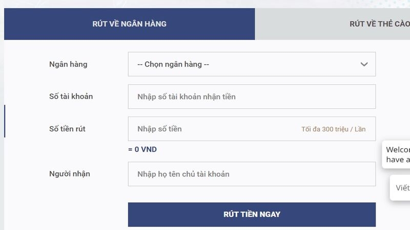 Giao diện rút tiền Sky88 từ ngân hàng 