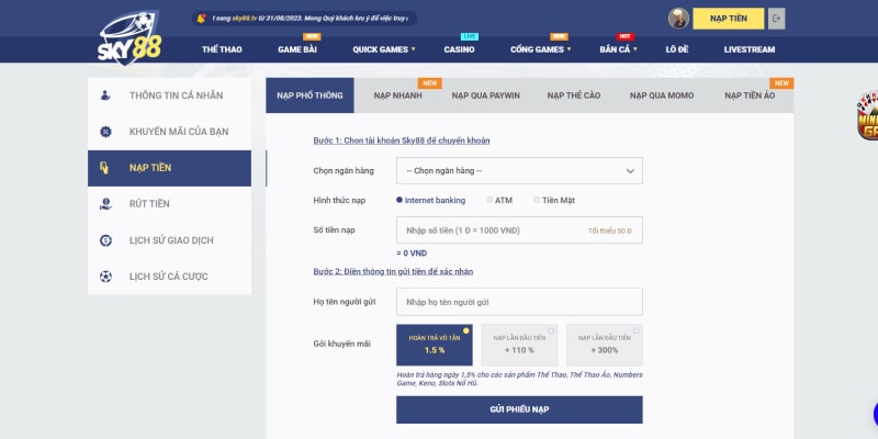 Màn hình giao dịch nạp phổ thông tại Sky88 