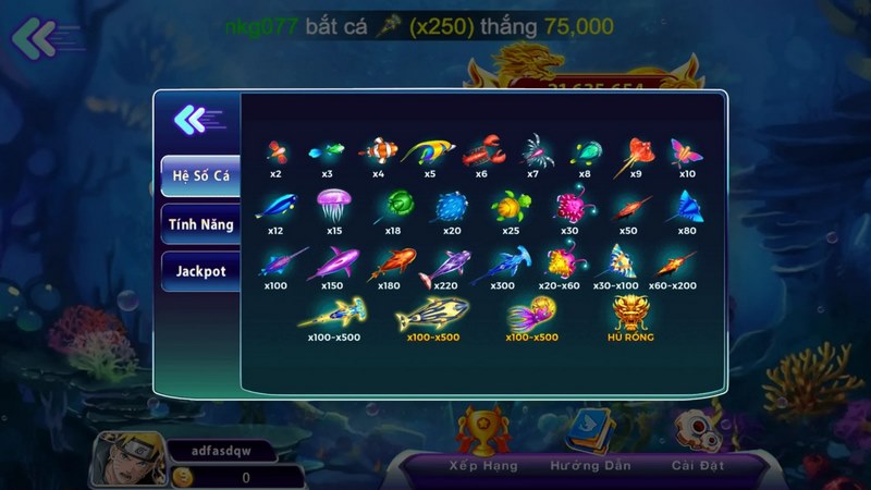 Những loại cá mà người chơi có thể săn trong game 